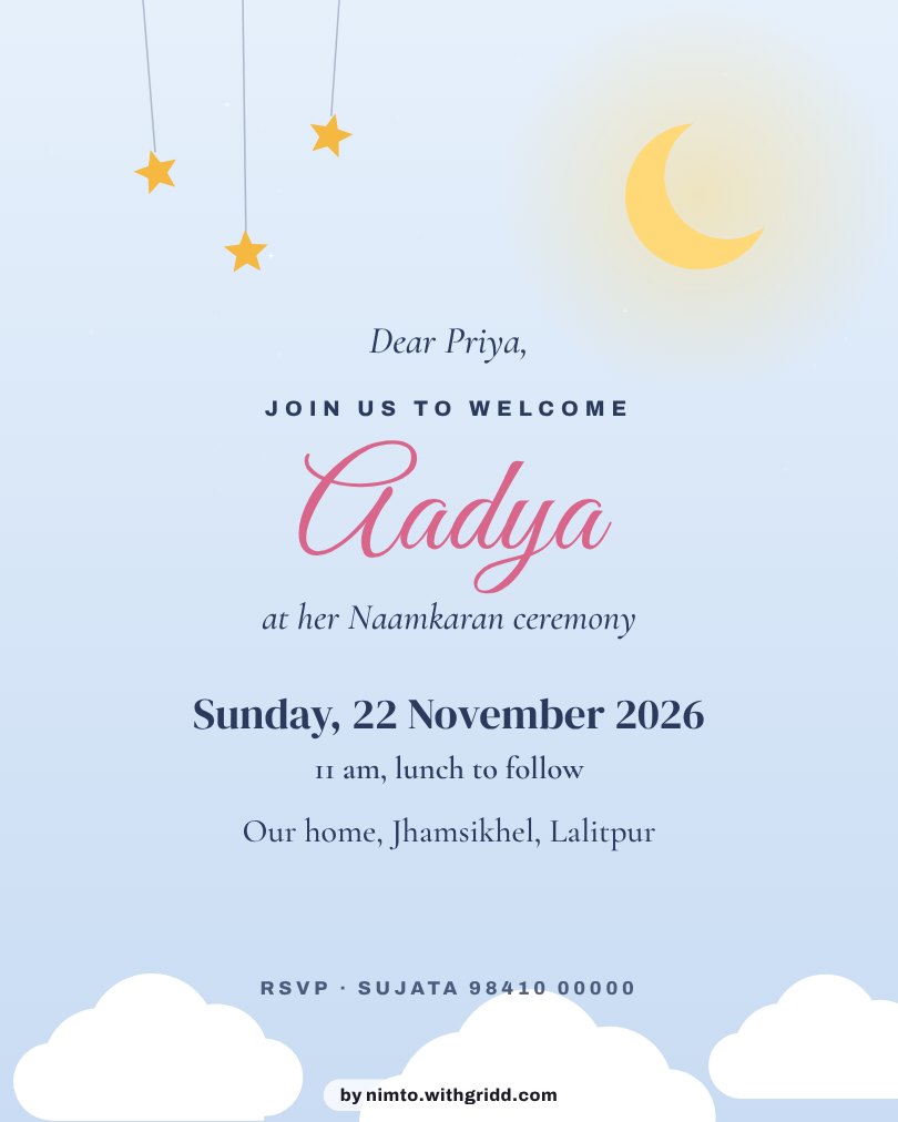 Naming ceremony invitation with moon and stars