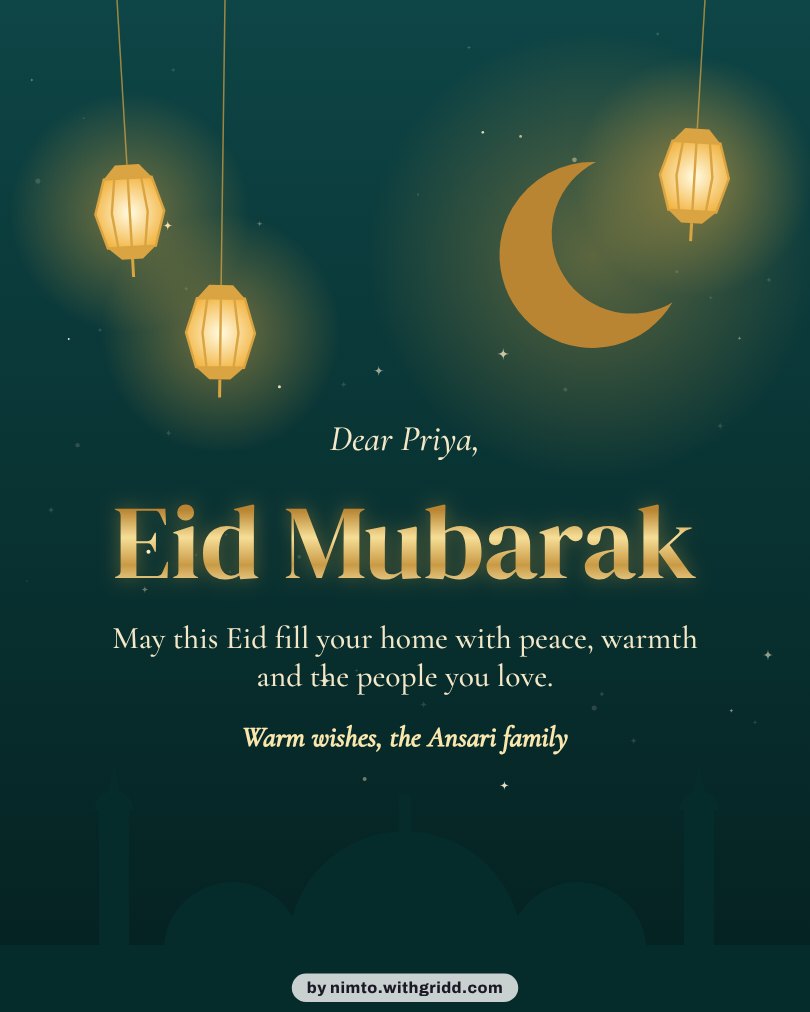 Eid greeting with lanterns and a crescent moon