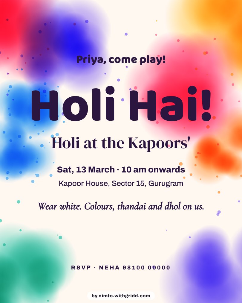 Holi party invitation with colour splashes