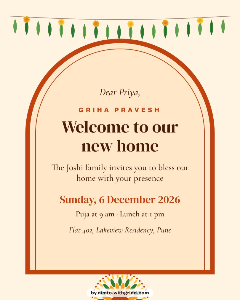 Griha Pravesh invitation with a toran doorway