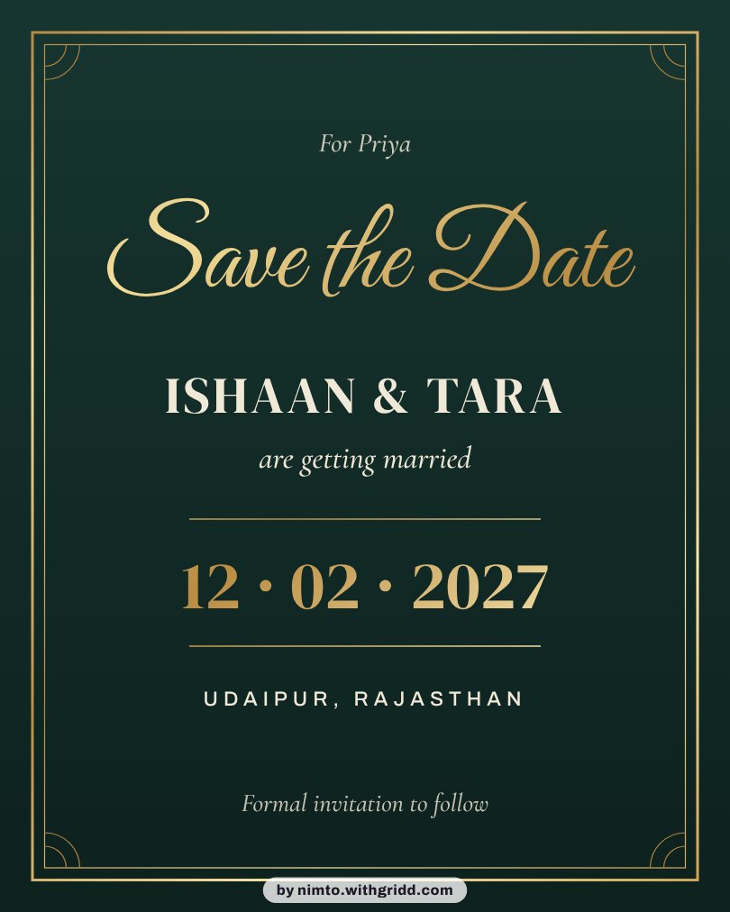 Save the date card in gold on green